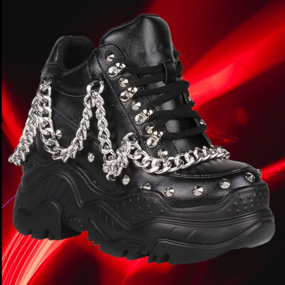 ANTHONY WANG'S NWOT Black Space Candy  Chained Spiked Boots Size 6.5